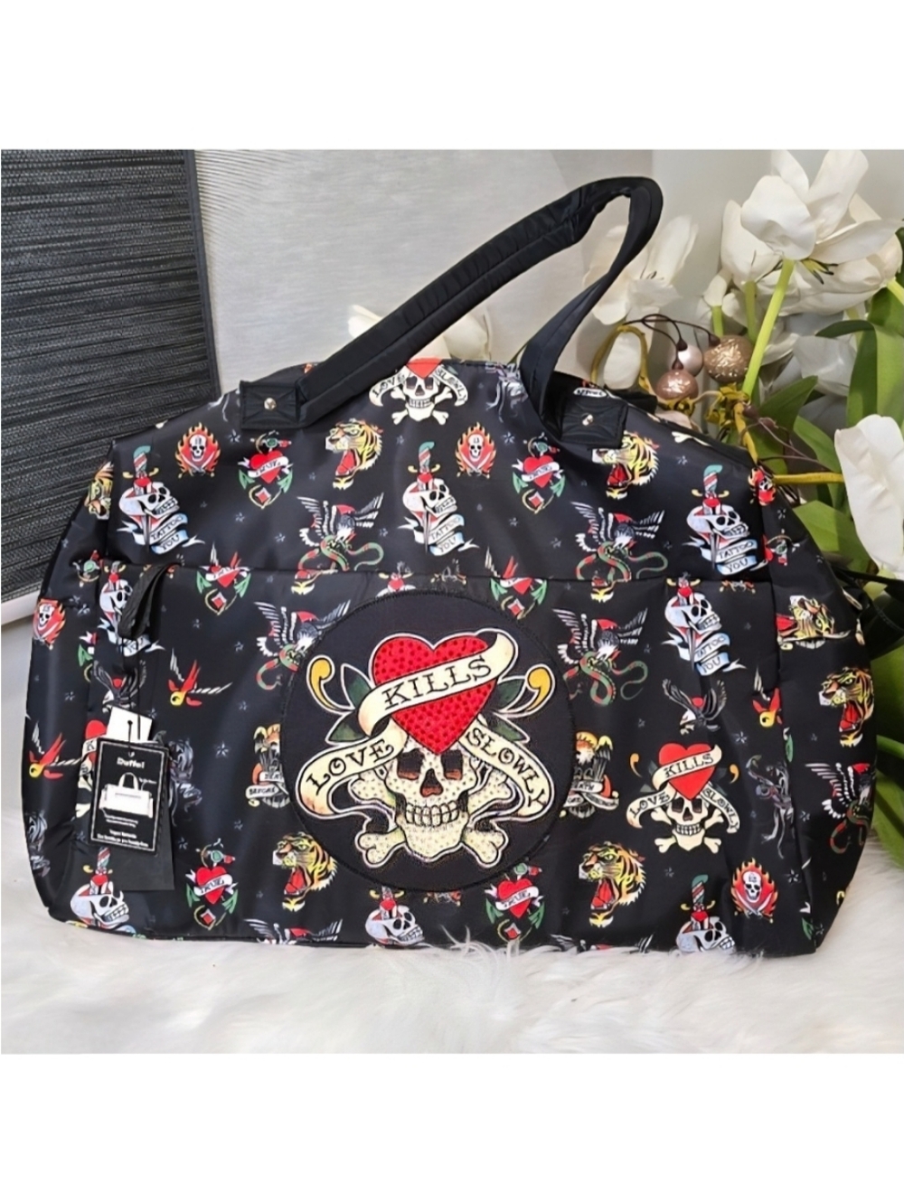 Ed Hardy Black Tattoo Print Weekender Duffle Bag with Heart & Skull Patch